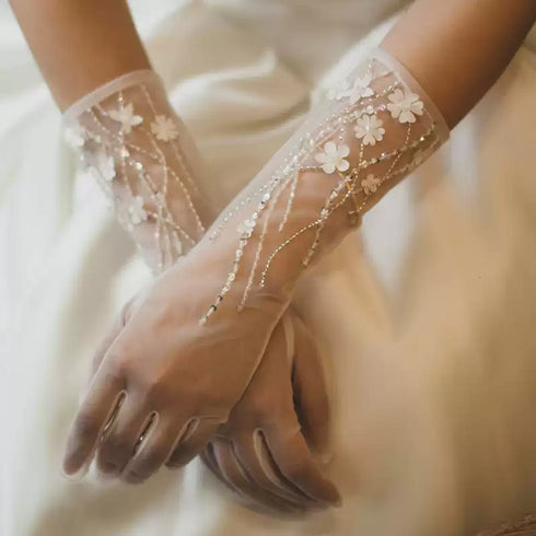 White Bridal Tulle Wedding Gloves – Floral Embellished Gloves